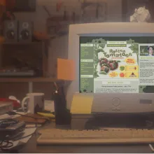 A bulky early 2000s computer displays the original Rotten Tomatoes homepage. It sits on a cluttered 1990s-style desk in a bedroom, surrounded by old tech, sticky notes, and personal items.