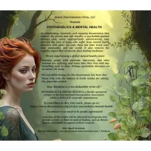 An AI generated image of a woman with flowing red hair. Butterflies, woods, and green mist in the background. Long black text with donation instructions in the foreground.