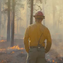 A firefighter wearing a yellow uniform looks at a burning field.