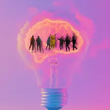 Bright purple backdrop featuring a digital image of a lightbulb where a genAI image of Pikachu is surrounded by cops