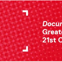 Red banner with white text that reads "Vote now: Documentary's Greatest Docs of the 21st century poll"