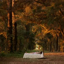 A woman lays on a bed that stands alone in the middle of a dusk-lit forest