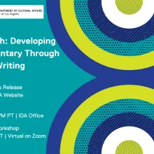 Turquoise graphic with multi color half circles. White text. Core Stregnth: Developing Your Documentary Through Application Writing 