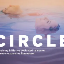 Two women immersed in water, and the text CIRCLE in white on the bottom of the page