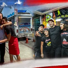 This image is divided in two: On the right side if the Grill of All food truck crew in front of their truck. They are five young people, three guys and two girls. On the left side of the image, you see a Latino family in front of their truck: mom, dad and son. Dad strongly embraces his son as they stand in front of their seafood, or mariscos truck. The American Dream flutters over the top and bottom of the image.