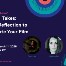 Dark blue flyer for Between Takes: Guided Reflection to Rejuvenate Your Film. Wednseday, March 11, 2026