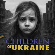 Poster of the humanitarian documentary Children of Ukraine, a girl with a sad face surrounded by the ruins of war.