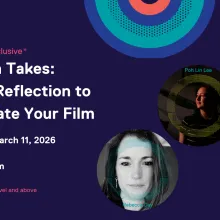 Dark blue flyer for Between Takes: Guided Reflection to Rejuvenate Your Film. Wednesday, March 11, 2026