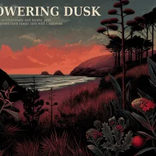 A blue and red toned painted wood cut of a California coastline and the text saying flowering dusk, anti-colonial revolutionary and Mystic poet Ella Young carries Irish Magic into wild California