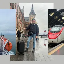 Collage of photos against a grey background that include a view from a boat on a cloudy day, a shot of a white woman dressed for winter posing with a roller travel bag and a shot of a train inside in a train station.