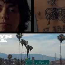 Collage of three images: a young person's face, a chest with tattoos and top surgery scars, and a landscape of Los Angeles