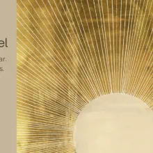 Rising golden sun with text: The Wheel / Ancient Calendar. Modern seekers.