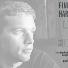 A faded black-and-white close-up portrait of a young man looking toward the right side of the image. Large dark lettering beside him reads “Finding Harding: Lost at Shore.” Smaller text below reads, “Sometimes leaving the military means losing yourself,” followed by “A documentary by Andrew B Church.”