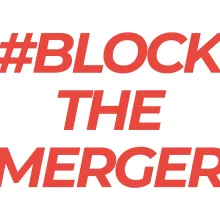 Red block text: #Block the Merger