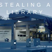 the exterior front entrance of the HBPL with the title STEALING A LIBRARY
