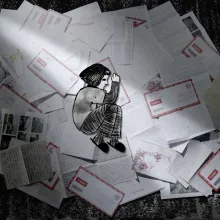 A black and white illustration of a girl curled up is placed on top of a pile of envelopes and letters which is on top of a black, textured background.