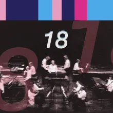 Promotional cover image for the documentary 18, featuring a black-and-white photo of a live musical ensemble overlaid with large translucent red numerals "18", a white title "18" near the top, a vibrant geometric color bar along the top border, and "TOKYO / VERMONT"logo in the bottom-left corner.