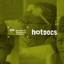 A collage of IDA-supported film stills in black and white with a light green overlay, and the IDA and Hot Docs logos placed on top.