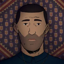 Animated image of Amin, an Afghan man with a dark beard and short hair. He islieing on a patterned rug. From Jonas Poher Rasmussen’s documentary ‘Flee.’ Image courtesy of TIFF.