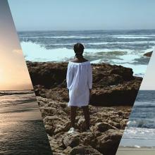 Collage of 3 photos, each with a person standing in front of the ocean