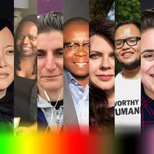 A collage of members of the LGBTQ roundtable with a rainbow gradient on the bottom. From left to right: PJ Raval, Kim Yutani, Yvonne Welbon, Jess Search, Yance Ford, Lindsey Dryden, Set Hernandez Rongkilyo, Viridiana Lieberman, and Sam Feder. Courtesy of those listed 