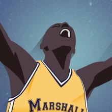 Graphic of a basketball player with both arms up triumphant 