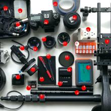 An array of items that Jessica Beshir takes along in her Kata Pro-Light camera bag when she's in production.