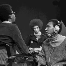 An archival black-and-white photo from the sets of SOUL!, the first nationally broadcast all-Black variety show on public television. From Melissa Haizlip's 'Mr Soul!'. Courtesy of PBS.