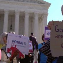 Protestors of gerrymandering gather outside of the Supreme Court, from Chris Durrance and Barak Goodman's ‘Slay the Dragon’. Photo courtesy of Magnolia Pictures.