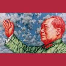 A shot from Shui-Bo Wang's autobiographical Academy Award-nominated documentary 'Sunrise Over Tianenmen Square,' shows Mao Zedong in front of a background with clouds and a blue sky.