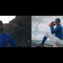 Happy Oliveros (left) stands with his hands on his hips; he wears a royal blue shirt, a red baseball cap and sunglasses; Carlos O. González (right)  wearing a royal blue jersey, LA Dodgers cap and white pants, winds up to pitch. Both men--nativHappy Oliveros (left) rests with his hands on his hips, while Carlos O. González (right)  winds up to pitch. Both men are risking their life and exile pursuing MLB contracts, many of which will never transpire into anything tangible. Photo courtesy of ‘The Last Out’. 