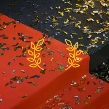 a red carpet on the steps with confettis on the floor.