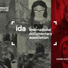 A collage of film stills with a sepia overlay on the left and headshots with a red overlay on the right. IDA, Pare Lorentz and Logan Elevate graphics sit on top.