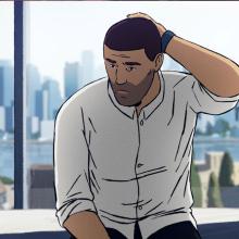 An animated man with brown skin and dark brown hair scratches his head. A city can be seen behind him.