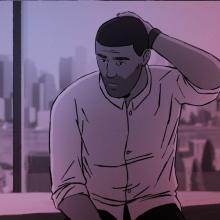 An animated man with brown skin and dark brown hair scratches his head. A city can be seen behind him.