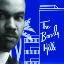 Paul R. William's picture lies on top of blue drawing of the Beverly Hills Hotel.