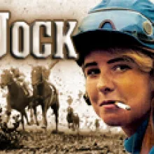 "Jock" Documentary Film Poster. A sepia-toned image of jockey's racing horses with a color image in front of a young girl smoking a cigarette and wearing a jockey's helmet.