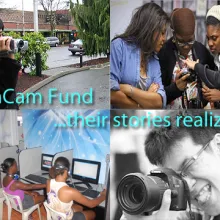 A poster for TamCam Fund with four different pictures of young people of color making documentary films 