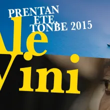 Film Poster for Ale Vini. A diagonal line cuts the poster, above there is a small boat on the blue ocean, below there is a close up of a dark-skinned individual staring at something in the distance.