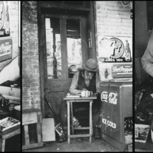 Collage of black and white photos of Bill Traylor leaning over his artwork in various stages.