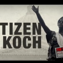 promotional graphic for Citizen Koch; statue with a for sale sign around neck in front of government buidling