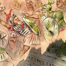 Animated drawing of ancient warriors in battle.