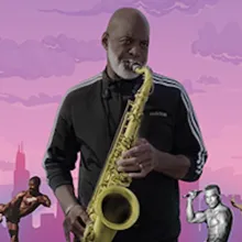 A black man in a tracksuit plays the saxophone in front of an illustrated, pink skyline, as various martial arts figures are seen behind him