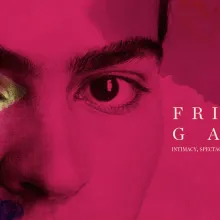 An extreme close up of Frida Khalo's eyes, with stylistic pink brushstrokes overlaying the picture