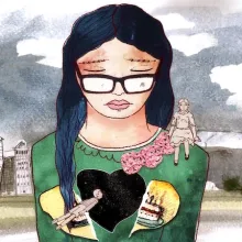 A 2D animated watercolor painted image of a girl wearing glasses with long, dark black hair, wearing a green sweater with a yellow broken heart and a pink ribbon on the shoulder. Her eyes are closed and she faces downward looking a bit sad. Another girl in a dress painted grey sits on her shoulder, and a boy painted the same color grey floats in front of her. The girl in glasses is against a grey, cloudy sky with a cityscape of highrise buildings in the distance behind her.