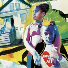 A Black adult woman and a young Black girl with a "housing 4 all" t-shirt stand in front of a city house in this painted image