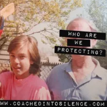 A Caucasian boy is holding a hockey stick and standing next to an elderly man with 'who are we protecting' sign labeled on. 