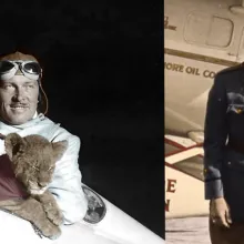 Roscoe Turner waves from the cockpit of a plane with his pet tiger in the left photo. He stands on the tarmac in front of his plane in the right photo.