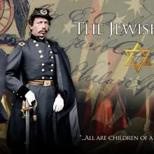 Two civil war officers stand before a patriotic painted background