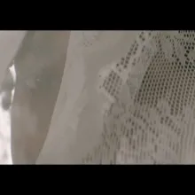 A person looks through a white veil.